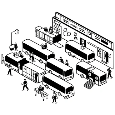 A busy bus terminal filled with many people. Passengers are carrying various bags while boarding and alighting from different buses. Several buses are parked in the terminal, each with unique shapes and sizes. There are signs displaying bus routes and schedules positioned around the area. A large clock is visible on a wall, showing the current time. Benches are occupied by travelers waiting for their rides, and there are small kiosks selling snacks and drinks nearby.