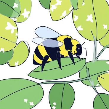 A carpenter bee with a shiny black body and golden-yellow hair is perched on a green leaf. The bee has large, translucent wings slightly spread, reflecting light. Sunlight is filtering through the surrounding tree leaves, creating a dappled effect on the ground. The leaves are various shades of green, with some light penetrating through, casting gentle shadows.