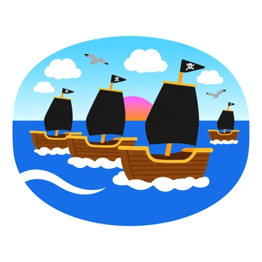 A fleet of pirate ships with dark sails and skull-and-crossbones flags is sailing in formation on a vibrant blue ocean. The ships are made of weathered wood and have distinct pirate features such as cannons peeking out from the sides and ropes dangling from the masts. The sky is filled with fluffy white clouds, and the sun is setting on the horizon, casting an orange and pink glow across the water. Each ship is at a slight angle, creating a sense of movement as they cut through the waves, and seagulls can be seen flying above them.