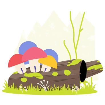 A cluster of mushrooms with vibrant colors such as red, blue, and yellow is growing on a decaying log. The mushrooms have unique shapes, including some with caps that are flat and others that are rounded. The log has a rough texture with patches of green moss and dark brown wood. Small patches of grass and tiny white flowers surround the base of the log, adding detail to the forest floor. Soft light filters through the trees overhead, illuminating the scene.