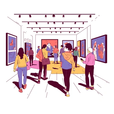 A group of people is walking through a spacious museum exhibition filled with famous illustrations. The walls are adorned with large, framed illustrations in vibrant colors. Each illustration showcases a different theme, with notable pieces catching the attention of the visitors. The floor is made of polished wood, gleaming under the soft, warm lighting from overhead fixtures. Among the visitors, a guide is pointing towards a particularly striking illustration, explaining its history and significance. Some visitors are taking notes, while others are capturing images with their devices. The atmosphere is lively, as discussions about the illustrations fill the space.