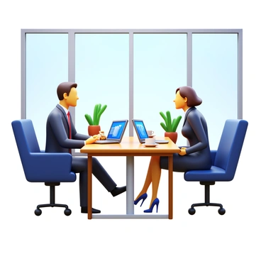 A sleek office with large windows allowing natural light to pour in. A modern conference table is positioned at the center, surrounded by comfortable, ergonomic chairs. A professional man in a tailored suit sits across from a client, a woman dressed in a smart business outfit. They are engaged in discussion, both leaning slightly forward, showing interest. A laptop is open on the table, displaying graphs and charts related to their conversation. A steaming cup of coffee sits beside each of them, with a small plate of pastries on the side. The office decor features minimalist art on the walls and a few potted plants for freshness.
