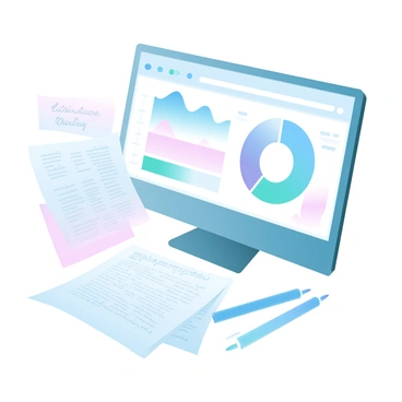 A computer screen displaying charts and graphs, surrounded by papers with literature notes