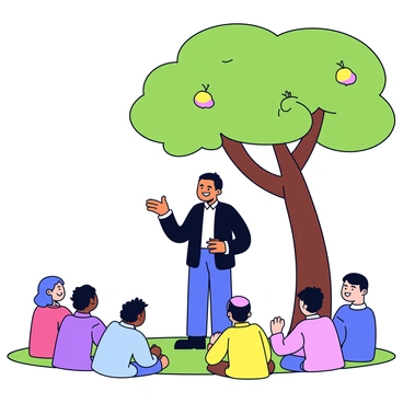 A preacher stands at the front, animatedly delivering a sermon. He is wearing a simple black suit and has a warm expression. In front of him, a small group of people, consisting of men and women, are seated on the grass, attentively listening. They are dressed in casual clothing, showing a range of colors. Above them, a large fig tree provides shade, with its broad green leaves and a few figs visible on the branches. The scene captures a sense of connection and engagement between the preacher and the audience.