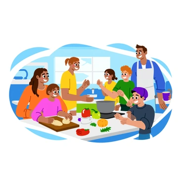 A family of four is in a bright kitchen, cooking together. The mother is chopping vegetables on a wooden cutting board, while the father stirs a pot on the stove. Two children are gathered around the table, one is rolling dough and the other is measuring out flour with a cup. Colorful ingredients like fresh tomatoes, bell peppers, and herbs are scattered across the counter. Light streams in through a window, illuminating the scene. The family is smiling and laughing, creating a lively and cheerful atmosphere filled with the joy of cooking.