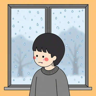 A figure with short dark hair and fair skin stands facing a large window. The window is covered in numerous raindrops, blurring the view outside. The figure's face reflects sadness, with tears streaming down their cheeks, blending seamlessly with the raindrops on the glass. The room is softly lit, creating a warm contrast to the cold, rainy scene outside. The figure is wearing a cozy gray sweater, and their expression conveys a mix of longing and introspection. The background is filled with soft, muted colors that enhance the emotional atmosphere of the moment.