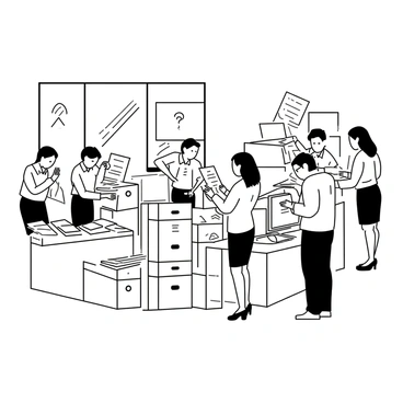 A busy office environment filled with clerks engaged in various tasks. Several clerks are standing by desks; one clerk is filing signed contracts into organized cabinets, carefully placing documents in the appropriate slots. Another clerk is typing on a computer, focused on the screen. There are stacks of paperwork on the desks, and a large window allows light to fill the room. Some clerks are talking and collaborating with each other, exchanging ideas and notes. The atmosphere appears industrious and orderly.