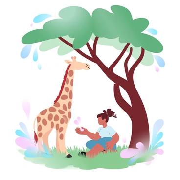 A young girl with braided hair is sitting on the grass beside a giraffe. The giraffe has a long neck and is reaching down to share a snack with the girl, who is holding a piece of fruit. The scene is set under the shade of a large leafy tree, with dappled light filtering through the branches. The atmosphere is filled with vibrant shades of green from the tree and grass, along with soft pastel colors surrounding them.