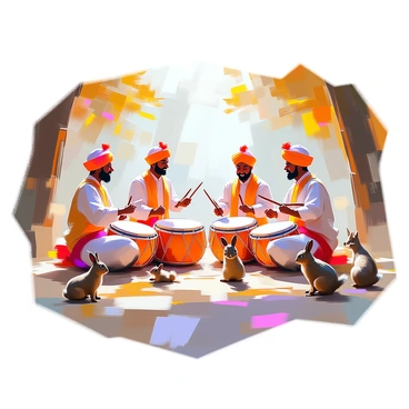 A group of dhol players in vibrant traditional attire, including colorful turbans and flowing garments, are drumming joyfully in a forest clearing. The players are positioned in a semicircle, each focused on their own instrument, with expressions of enthusiasm and energy. Surrounding them, animated woodland creatures, such as rabbits, squirrels, and deer, gather curiously to listen to the music. Some of the animals are sitting on their hind legs, while others dance playfully in rhythm with the beats. Sunlight filters through the trees, casting dappled shadows on the ground, enhancing the lively atmosphere of the scene.
