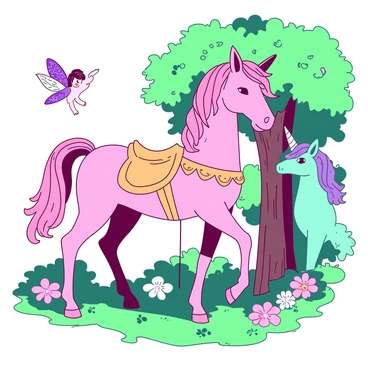A pink carousel horse stands proudly in the center of an enchanted forest. The horse has a shiny golden saddle adorned with intricate details, and its mane flows gracefully with pastel colors. Surrounding the horse, various magical creatures are peering curiously; a small purple fairy with sparkling wings hovers above, while a teal unicorn with a shimmering horn watches from behind a nearby tree. Soft, dappled sunlight filters through the lush green foliage, creating a mystical atmosphere. The ground is dotted with vibrant flowers in different shapes and sizes, enhancing the magic of the scene.