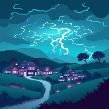 A small village with rustic wooden houses and thatched roofs sits nestled in a valley. The dark sky above is filled with swirling storm clouds, creating a dramatic atmosphere as flashes of lightning illuminate the scene. The village is surrounded by lush green fields, while a narrow dirt road winds through the center, leading to the horizon. The approach of the storm casts shadows over the village, intensifying the contrast between the dark clouds and the bright lights glowing from the village windows. A few trees sway in the wind, their branches bending under the force of the approaching storm.