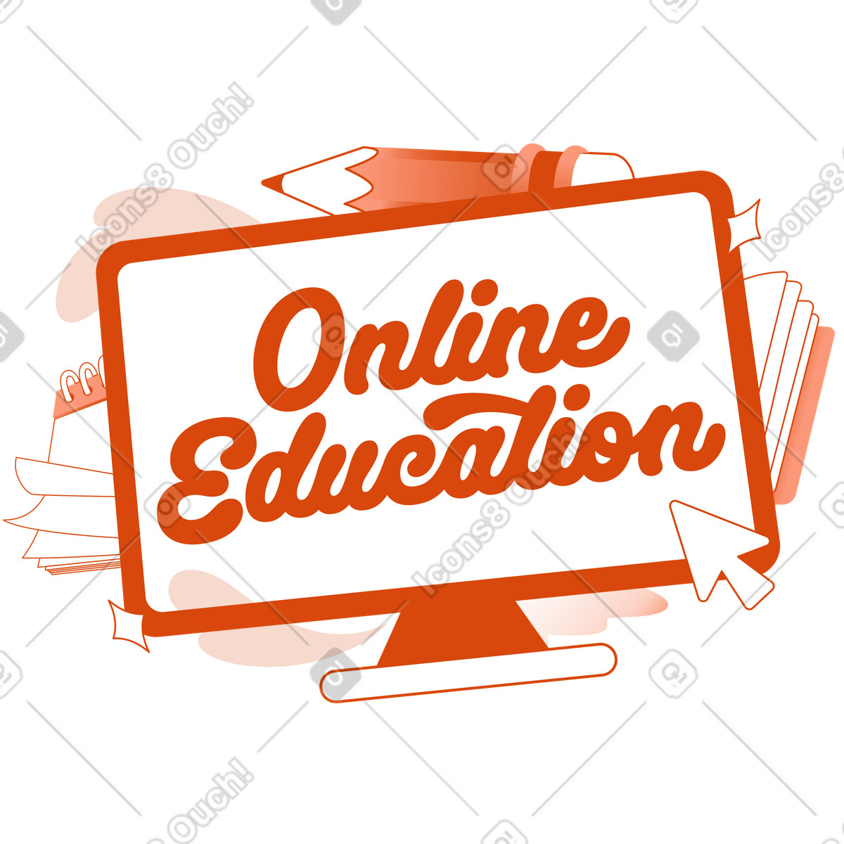 Computer desk with books and pencil, Online education scene illustration in Orange style download in PNG, SVG