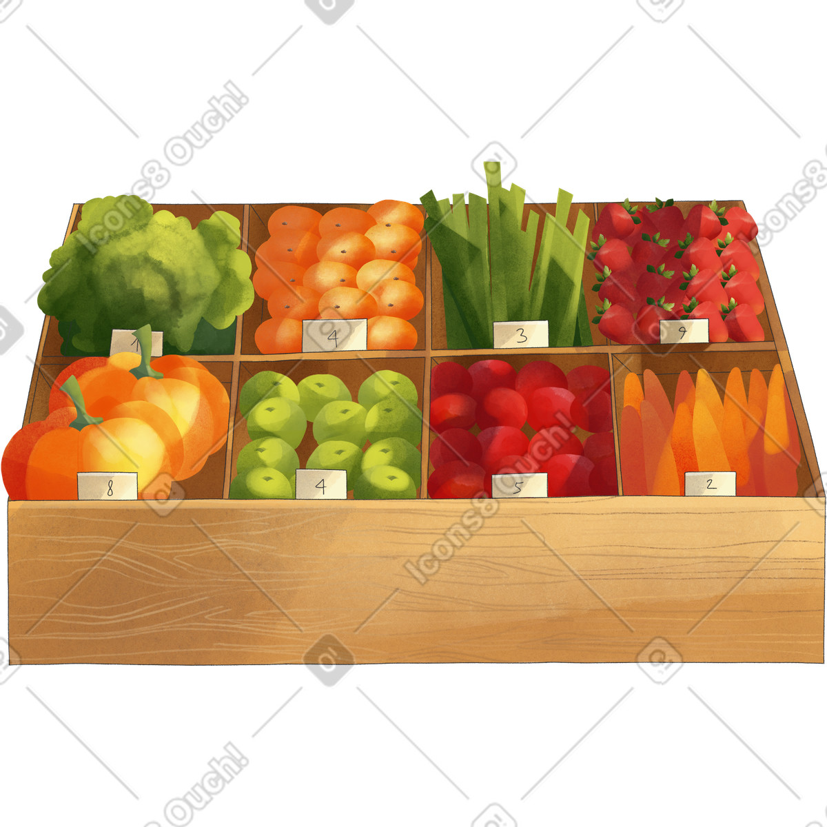 Wooden boxes with vegetables and fruits illustrazione in stile Seasons scarica in PNG, SVG