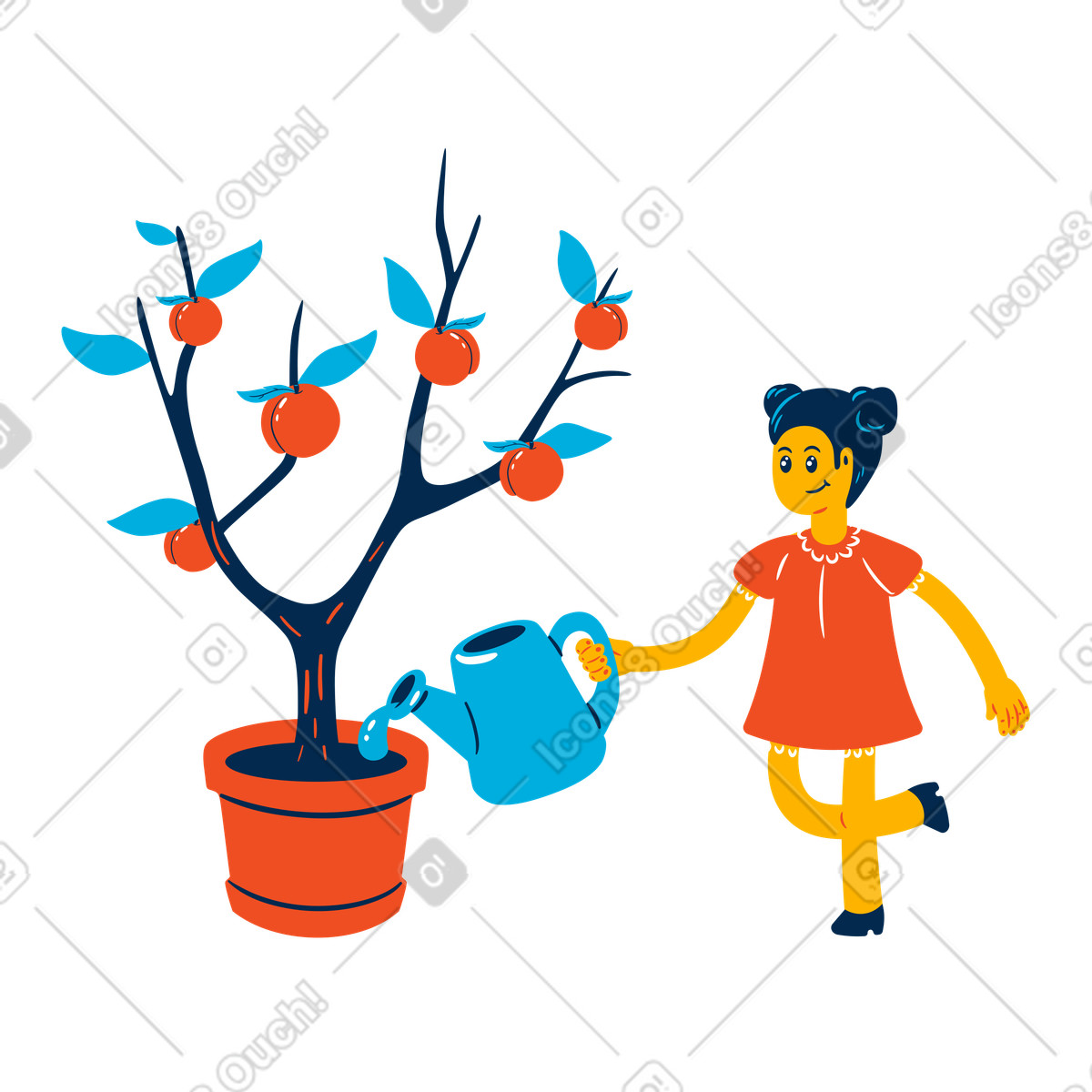 Illustration Fille arrosant un pommier en pot dans le style Flame à télécharger aux formats PNG, SVG
