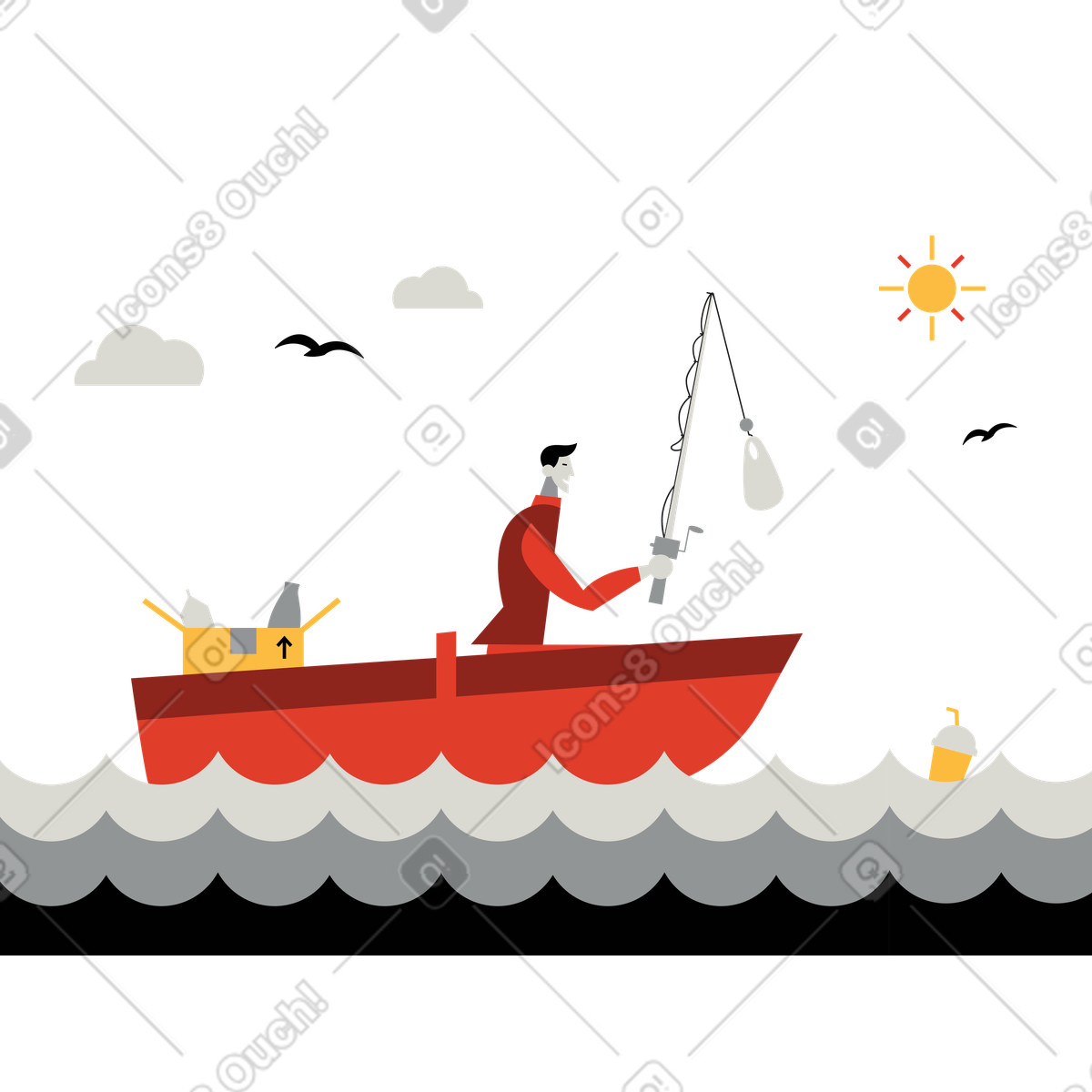 Ilustração de Pescador em um barco pegando lixo no estilo Burgundy para baixar PNG, SVG