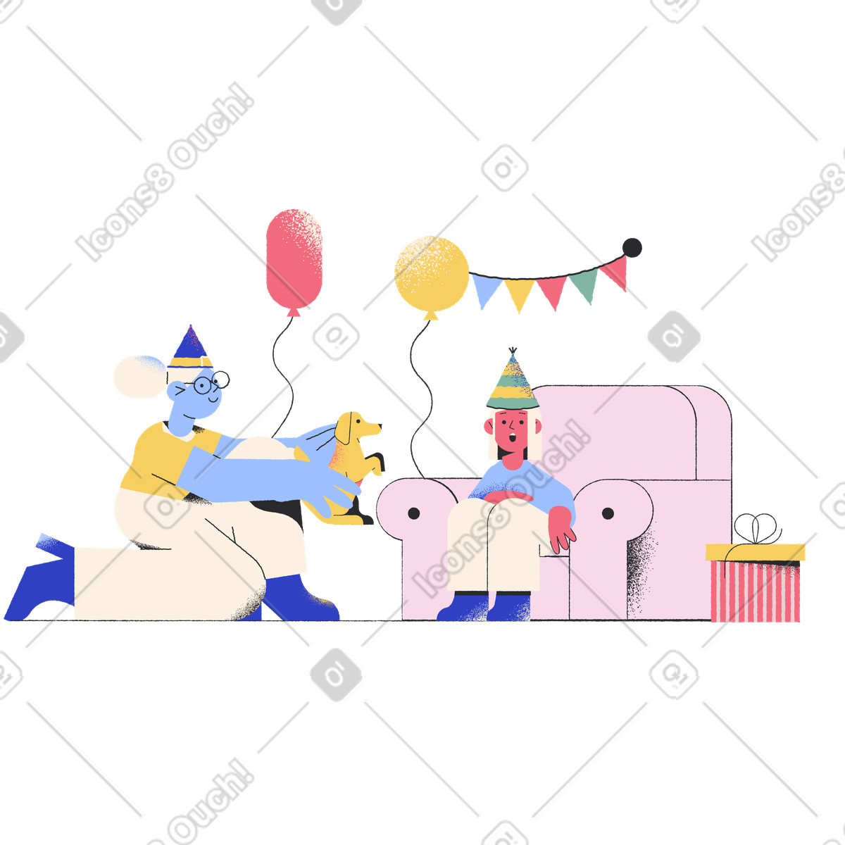 Mamma sorprende la figlia con un cucciolo nel giorno del suo compleanno illustrazione in stile Pablo scarica in PNG, SVG
