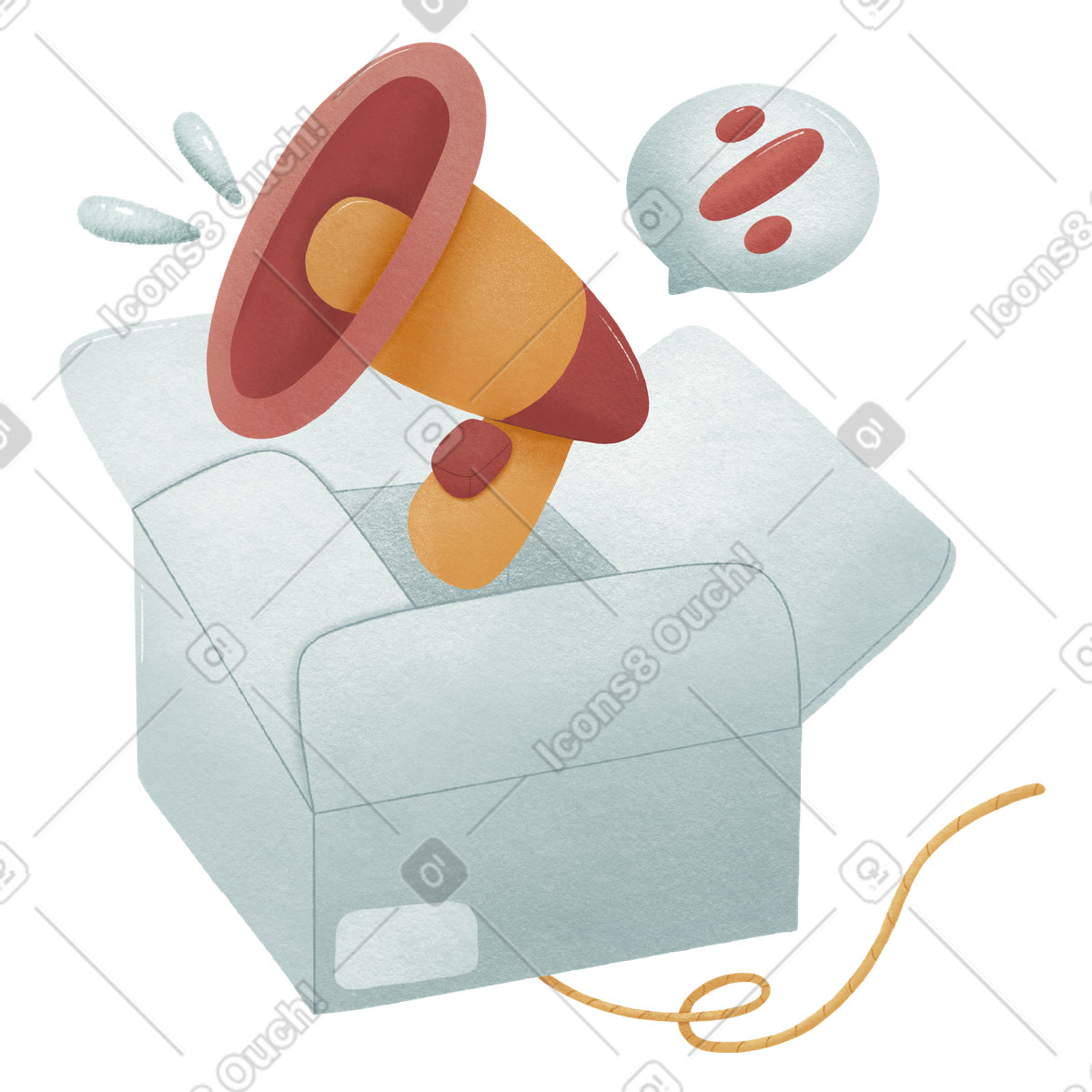 Megaphone flies out of the box and reports discounts illustration in Woolly style download in PNG, SVG