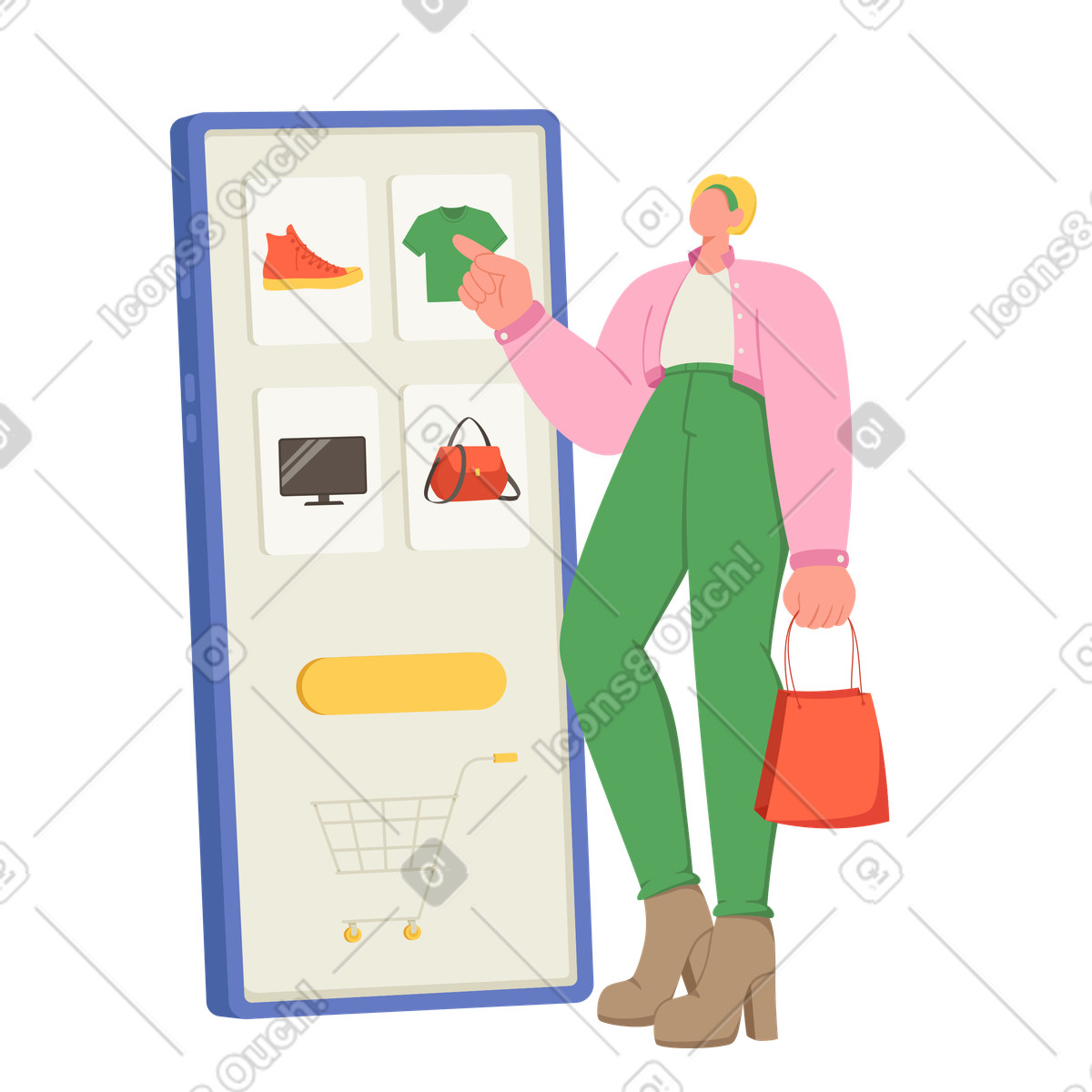 Ilustración Customer browsing clothes and electronics on smartphone, Online shopping e-commerce en estilo Social a descargar en PNG y SVG