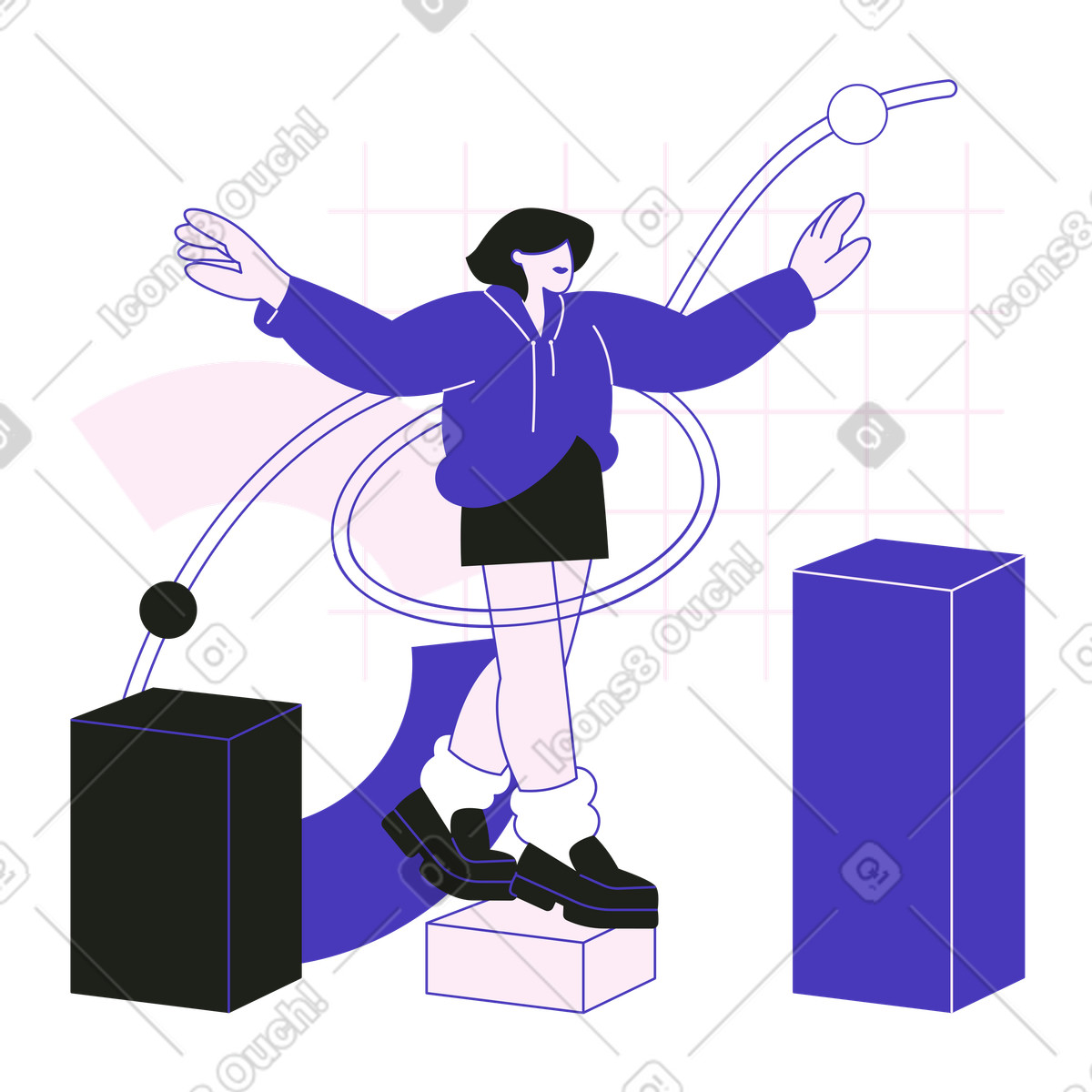 Ilustração animada de Person balancing on data column, financial analysis and performance tracking em no estilo Blueberry para baixar em GIF, Lottie (JSON), AE