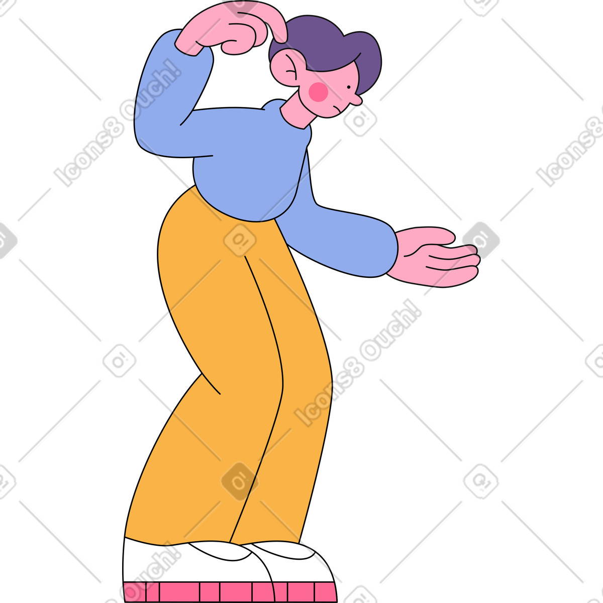 Mann steht mit ausgestrecktem arm und kratzt sich am kopf-Illustration im Bloom-Stil als Download in PNG, SVG