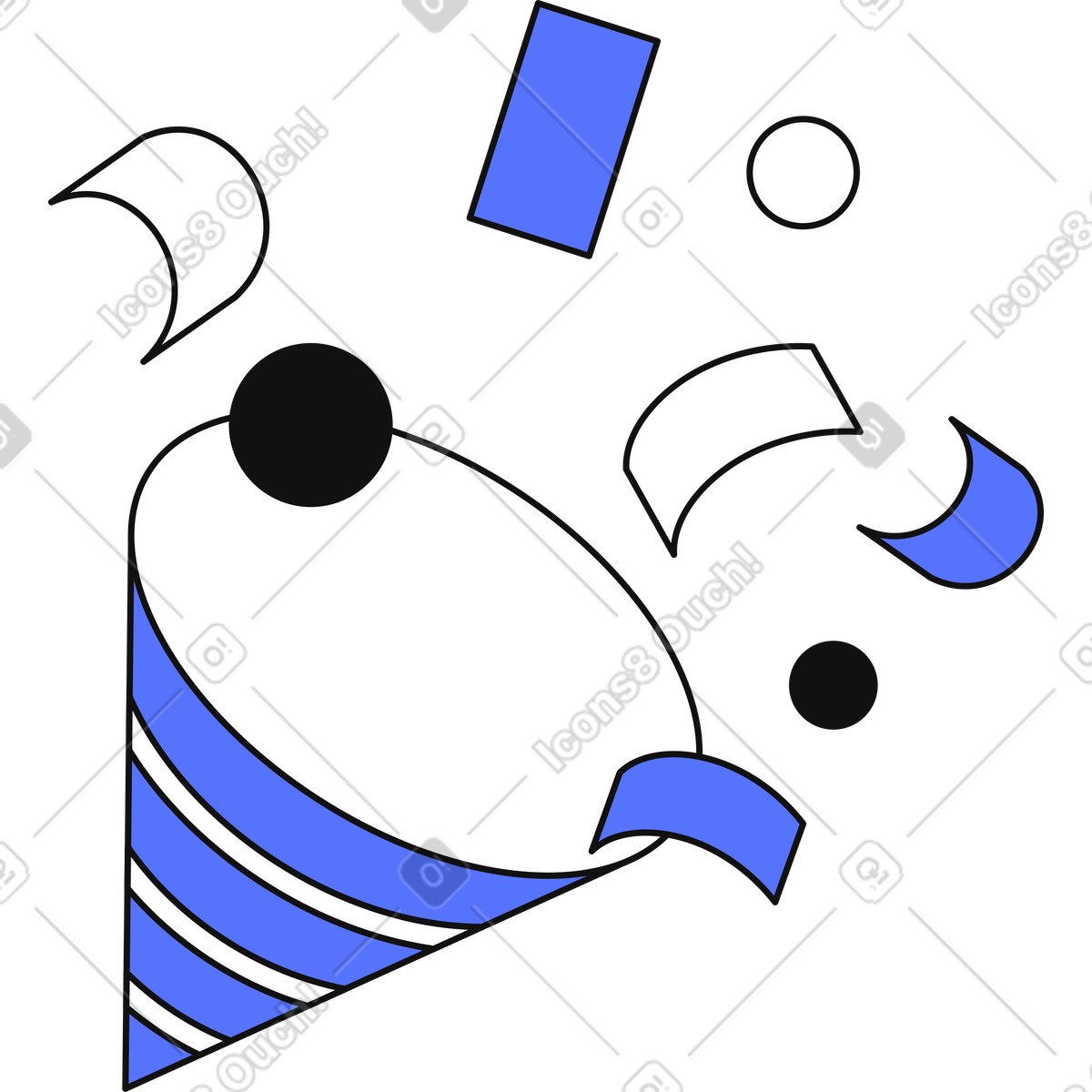下载 Main 风格的 Party horn cone blowing confetti streamers for celebration event 插画，支持 PNG、SVG 格式