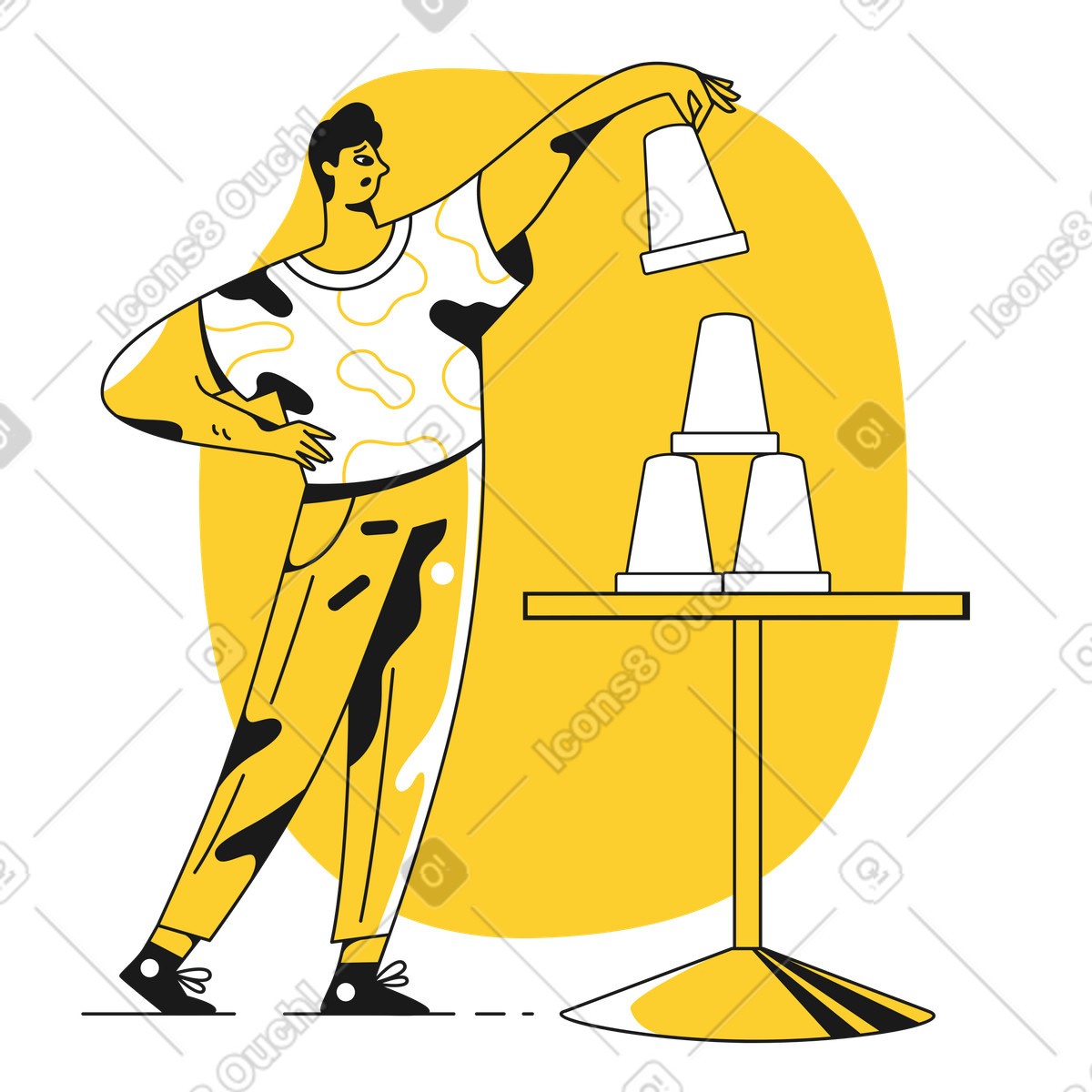 Man building a tower out of plastic cups illustration in PNG, SVG