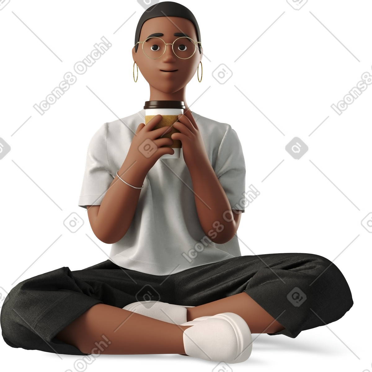 Black young woman in glasses sitting and drinking coffee illustration 3D Business style download PNG, SVG
