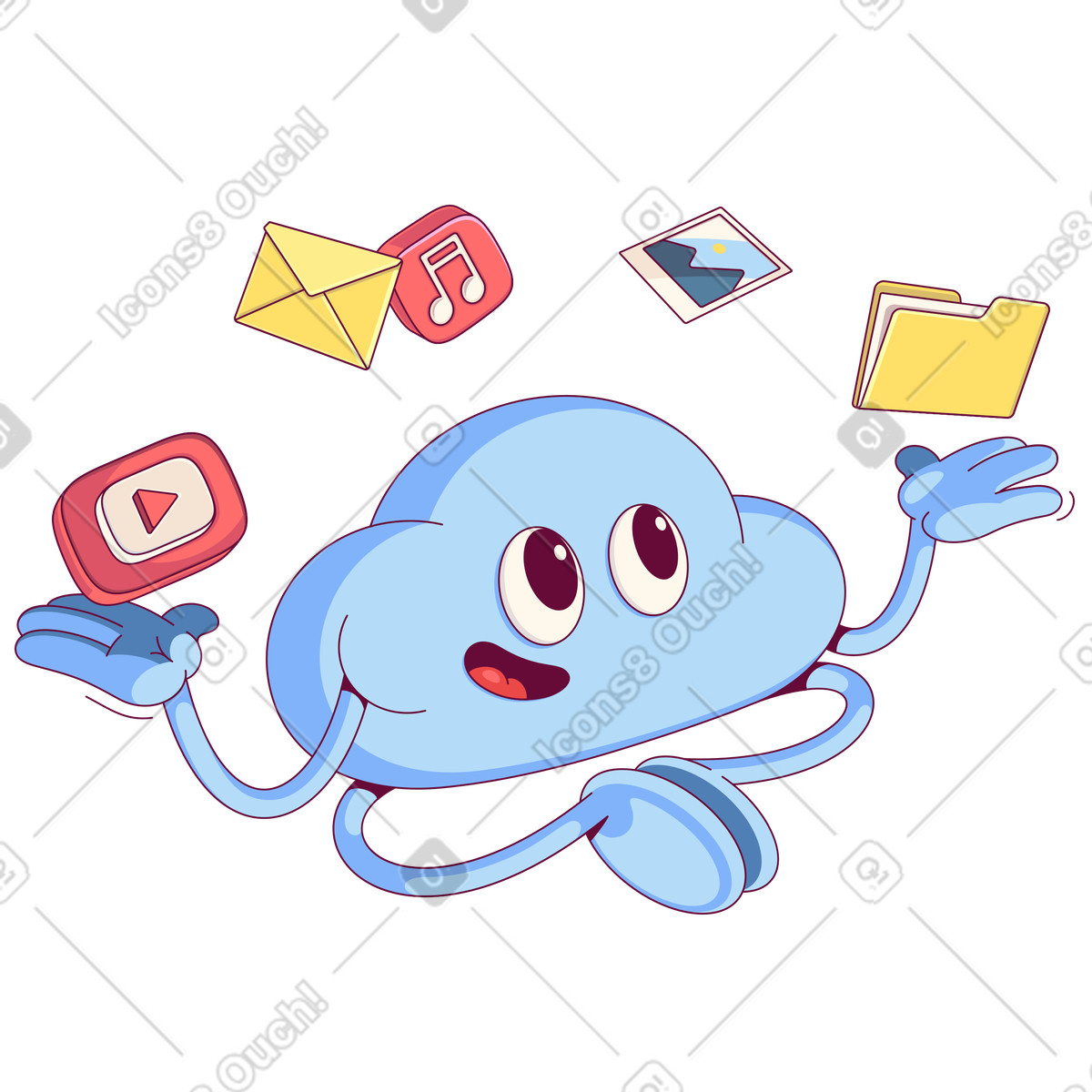 Cloud mascot juggling files and icons, Online file management sharing illustration in Handy style download in PNG, SVG