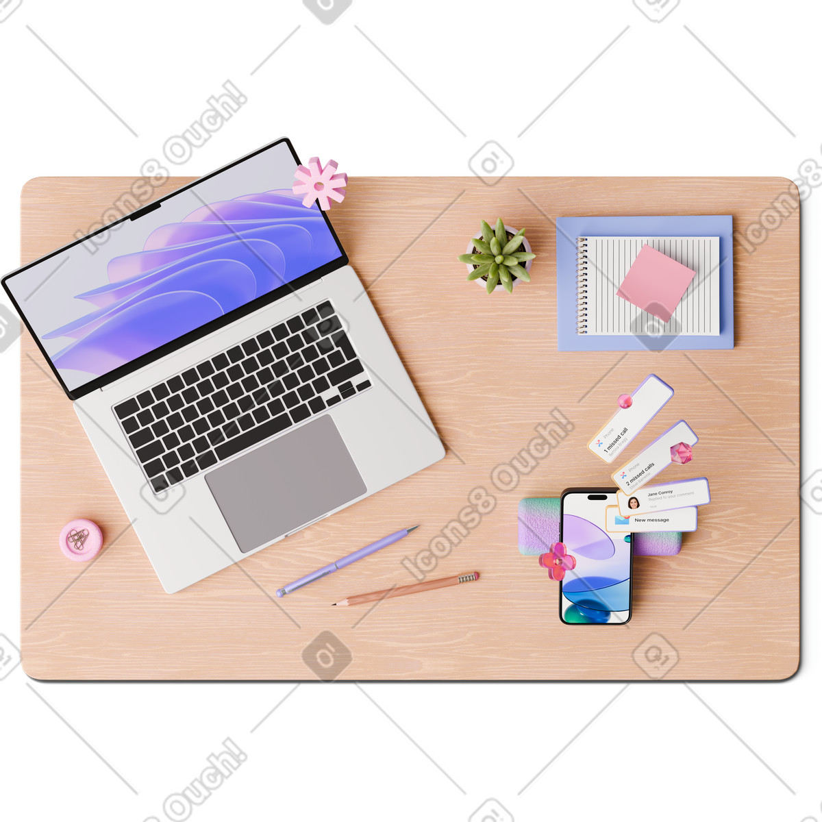 Ilustração de Top view of desk with laptop and smartphone new messages em no estilo 3D Hygge para baixar em PNG, SVG