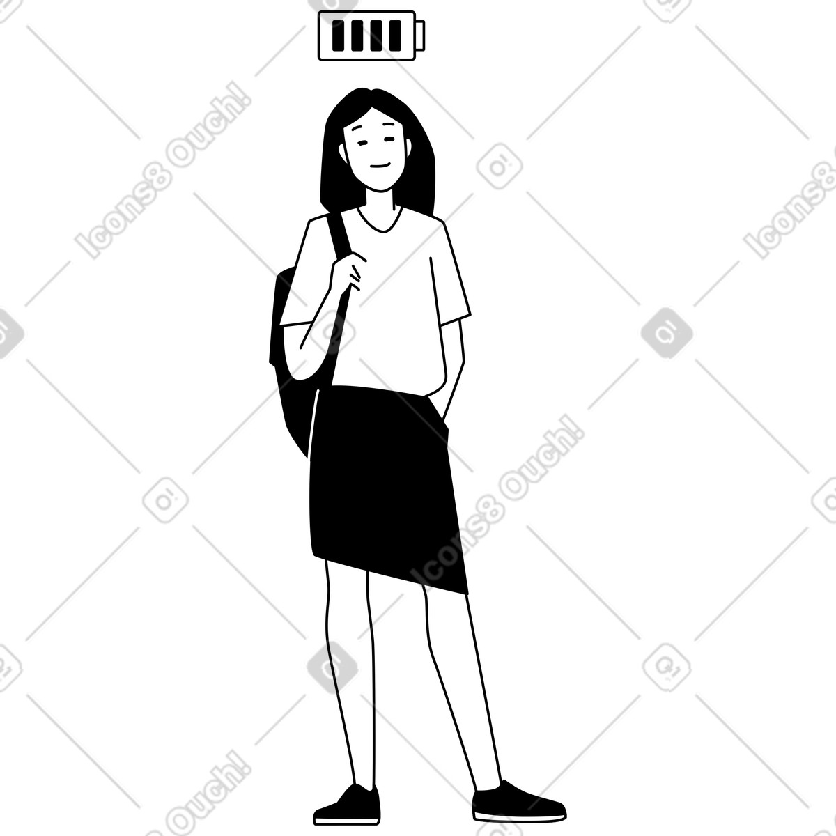 Illustration Smiling student with backpack and full battery icon, Energy motivation in learning dans le style Weekday à télécharger aux formats PNG, SVG