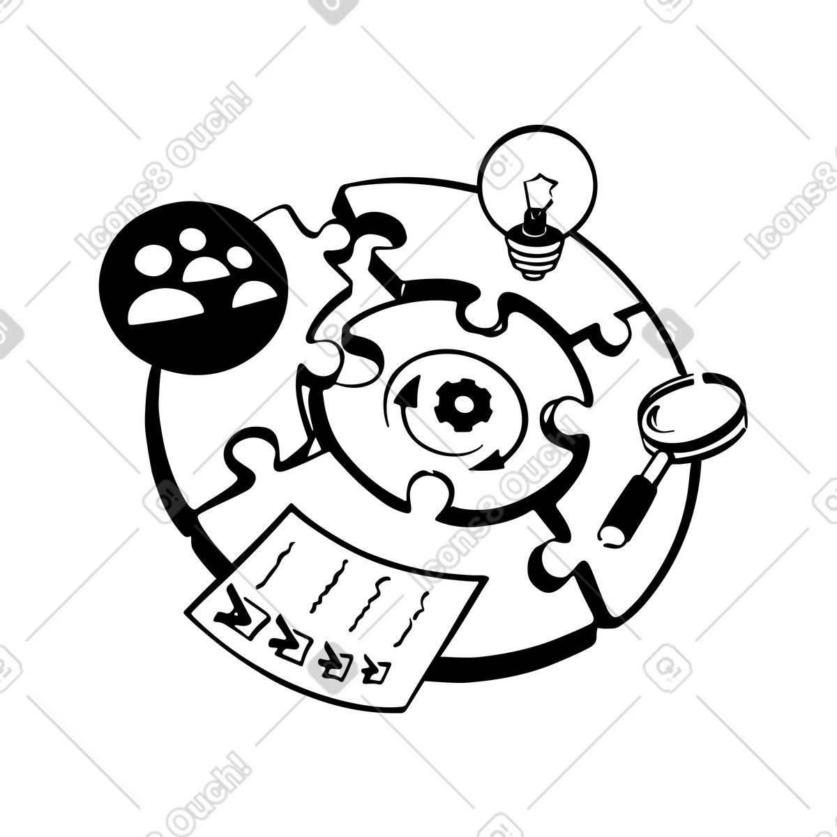 Team brainstorming and reviewing tasks, project management workflow, collaboration productivity illustration in Line style download in PNG, SVG