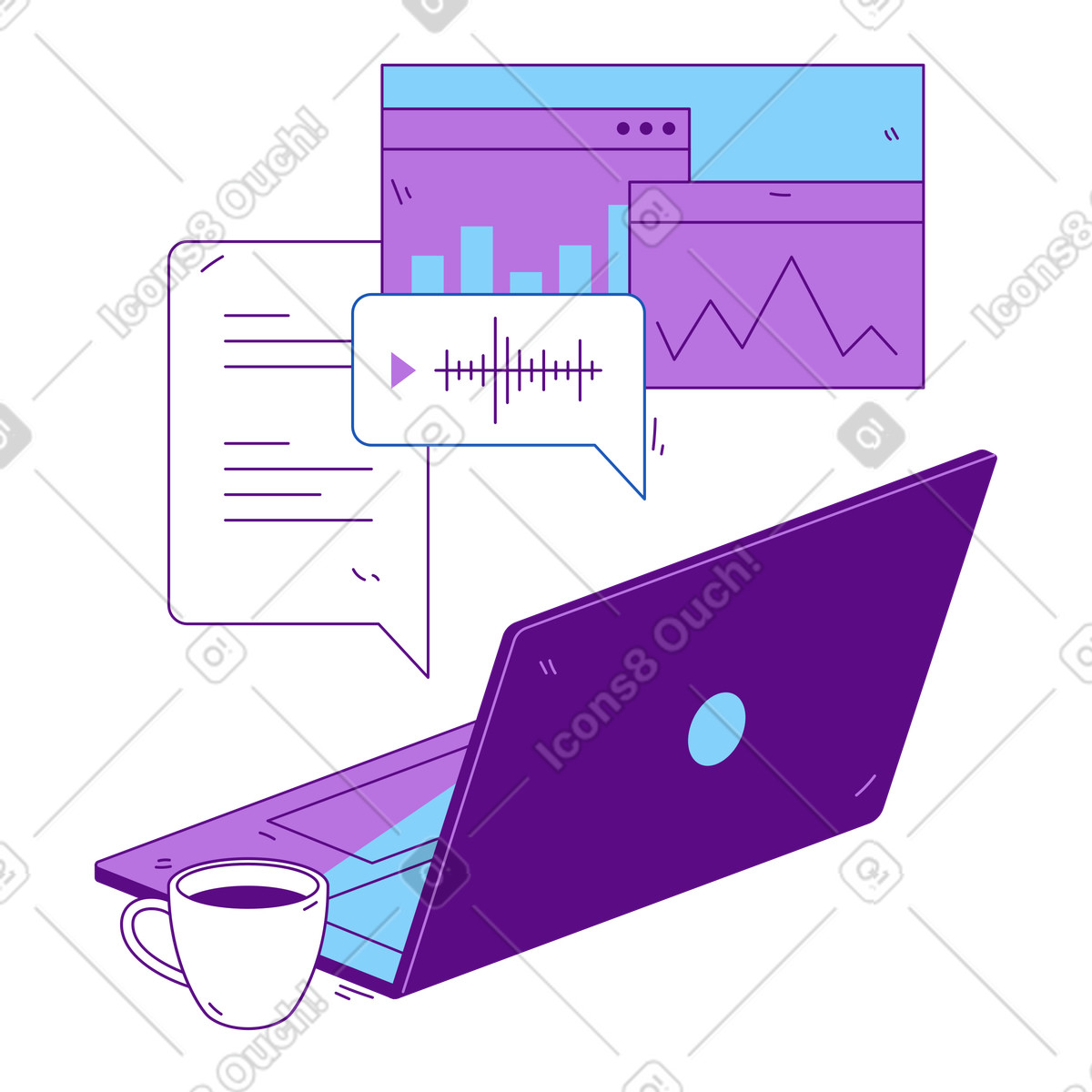 Ilustración Laptop con bocadillos y mensajes de audio en estilo Storyline a descargar en PNG SVG