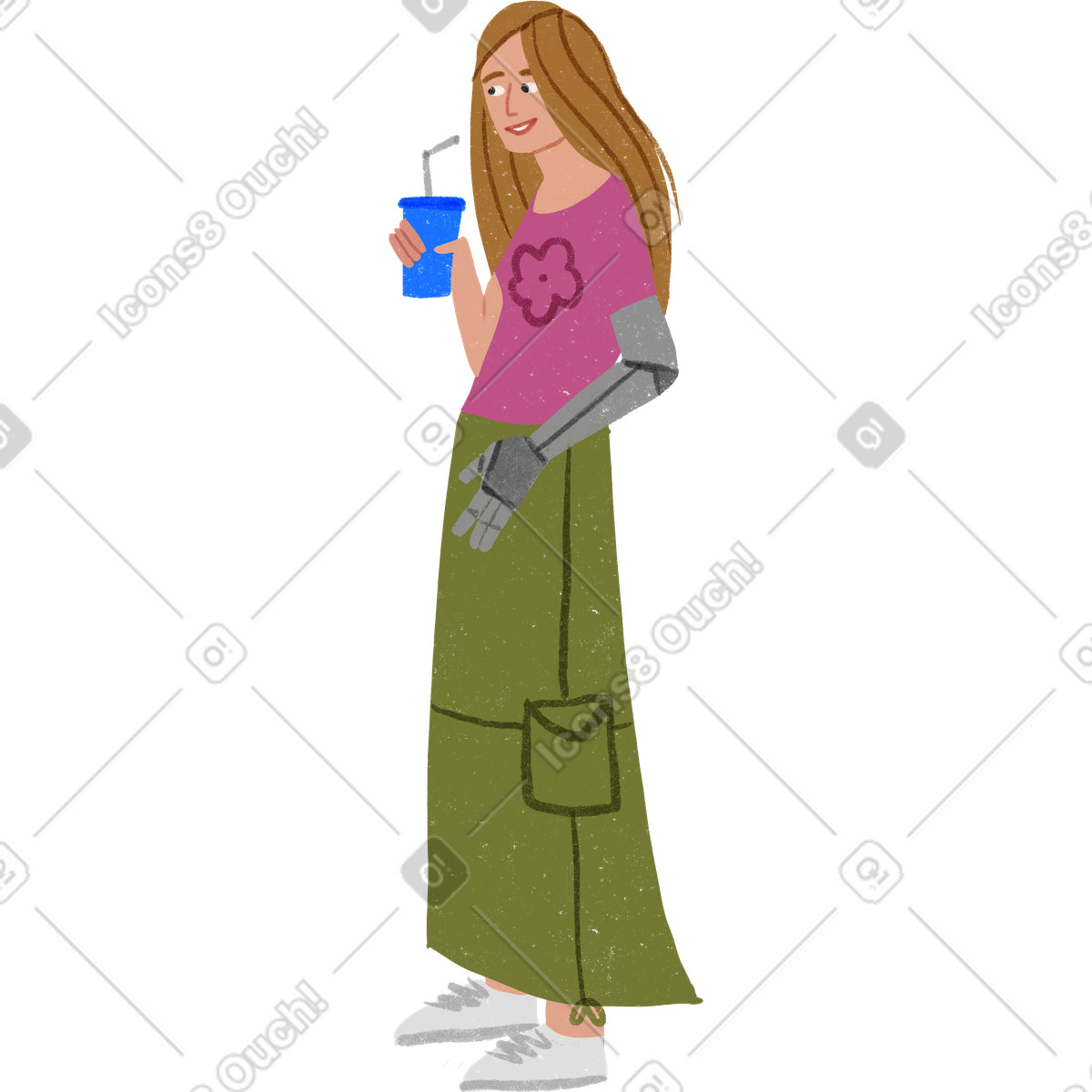 Illustration Femme avec bras prothétique tenant un verre dans le style Public à télécharger aux formats PNG, SVG