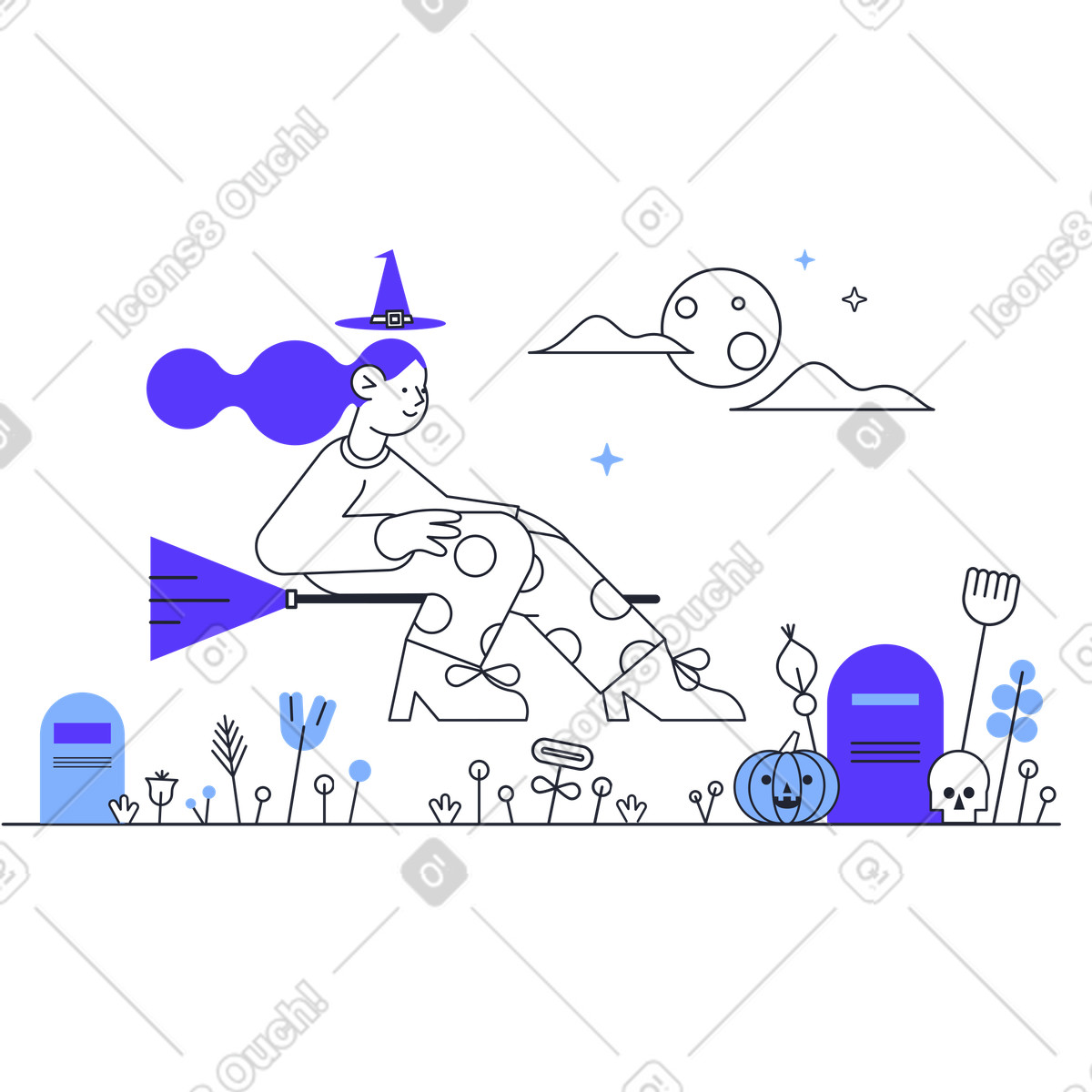 묘지 위를 날고 있는 빗자루를 탄 할로윈 마녀 illustration in Pablita style download in PNG, SVG