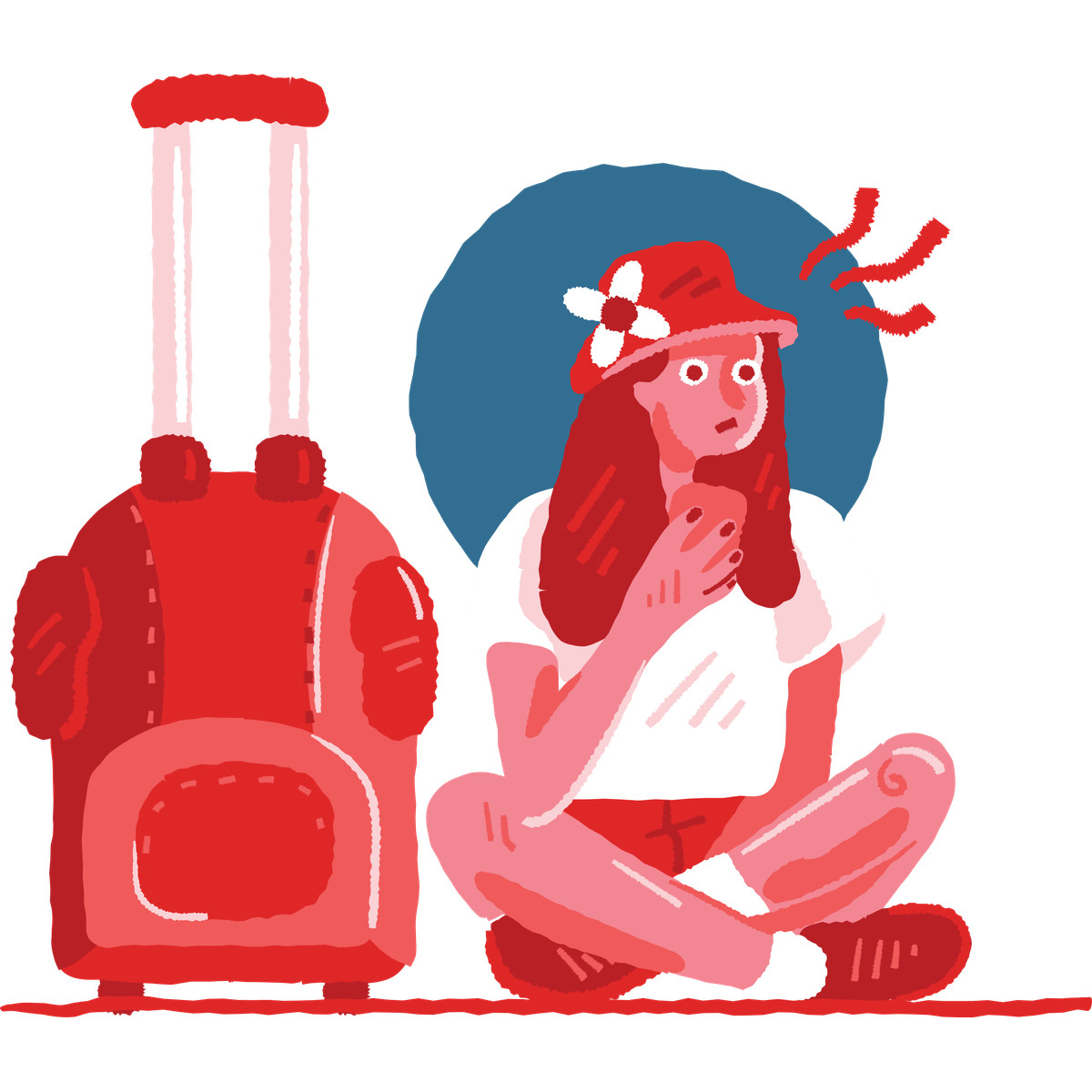 A woman sitting on the ground next to red suitcase-Illustration im Cherry-Stil als Download in PNG, SVG