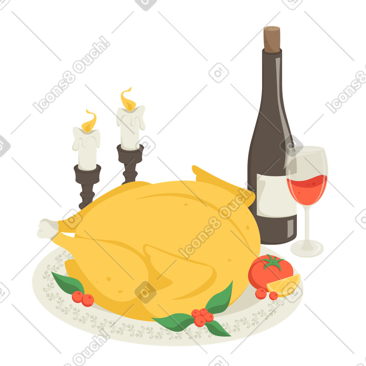 Thanksgiving dinner with turkey and wine illustration clipart for culinary projects in SVG, PNG