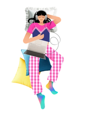 A girl relaxing with headphones and laptop - Patchwork style illustration