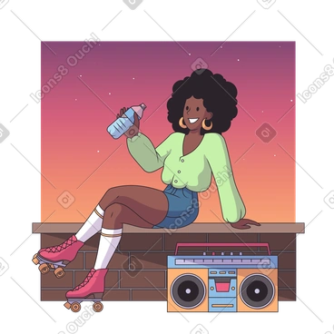 Girl on roller skates listening to music on the street PNG, SVG