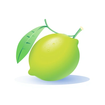 A bright green lime sits on a smooth white surface. It has a single fresh green leaf attached to its stem, adding a contrasting detail. The lime's surface is shiny and dimpled, showcasing its texture. The leaf is vibrant and glossy, with visible veins, curling slightly at the edges. Soft light gently illuminates the scene, creating a subtle shadow underneath the lime.