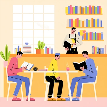 A cozy café with warm wooden furniture and soft lighting. Customers are seated at various tables, intently reading from a selection of premium books. Shelves lined with colorful book spines create a backdrop, while a barista behind the counter prepares drinks. A steaming cup of coffee rests on one table, next to an open book. A window displays gentle sunlight filtering through, casting soft shadows in the space. The atmosphere is inviting, with a few potted plants adding a touch of greenery.