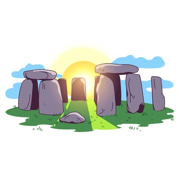 A yellow sun is rising in the background, casting warm light across the landscape. The sun's rays are filtering through the ancient gray stones of Stonehenge, creating a beautiful interplay of light and shadow. The stones are positioned in a circular formation, with some covered in patches of green moss. The sky is transitioning from deep blue to soft shades of orange and yellow as the sun rises higher. The surrounding grass is wet with morning dew, glistening in the sunlight.