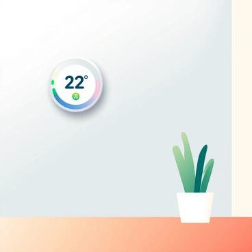 A round smart thermostat is mounted on a light grey wall. The thermostat displays a digital screen showing the temperature set to "22°C" with an eco-friendly icon beside it. The surrounding wall has a simple, modern design and is complemented by a small green plant in a white pot positioned nearby. The floor beneath is wooden, adding warmth to the scene. The overall ambiance reflects a contemporary home environment focused on energy efficiency.