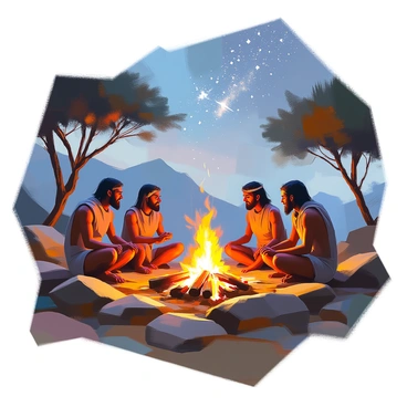 A group of early humans, their figures silhouetted, gathers around a crackling fire. The flames flicker brightly, illuminating their faces with warm light. They are engaged in conversation, with some sitting on the ground and others standing, creating a lively scene. The sky above them is filled with countless stars, twinkling and bright, providing a majestic backdrop to the gathering. The landscape is rugged, with dark outlines of trees and rocks surrounding the group, enhancing the sense of the wilderness. The atmosphere is one of camaraderie and shared experience as they enjoy the warmth of the fire beneath the vast, starlit sky.