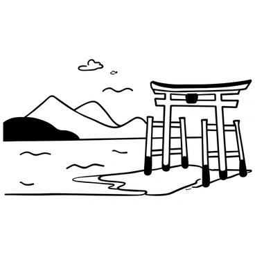 A "majestic torii gate" positioned prominently at the edge of a "tranquil sea." The structure is detailed, showcasing traditional Japanese architectural elements, with its wooden beams and supporting pillars. The sea is calm, with gentle waves lapping at the shore, creating a serene atmosphere. Silhouettes of distant mountains can be seen in the background, framing the scene. Wisps of clouds are scattered in the sky above, enhancing the peaceful setting.