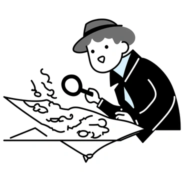A detective, wearing a dark trench coat and a fedora hat, is leaning over a wooden table. He is examining a large, old map with intricate details. In his right hand, he holds a shiny magnifying glass, which is pointed toward specific areas of the map. Under the glass, various hidden symbols begin to emerge, illuminated clearly. The detective's expression is focused, with a hint of intrigue as he discovers the secrets within the map.