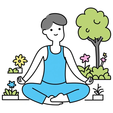 A person with a short hairstyle, wearing a comfortable blue outfit, is seated cross-legged in a garden. They are practicing mindfulness while incorporating hip circles into their routine. Surrounding them are various green plants and flowers, adding vibrancy to the setting. A large tree provides shade, its leaves gently swaying in the breeze. The person's eyes are closed, showing focus and serenity as they maintain their posture. The garden path is made of stone, leading into the lush greenery.