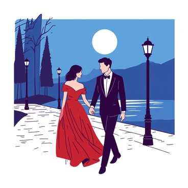 A couple is walking hand-in-hand along a promenade illuminated by a bright full moon. The man is wearing a sleek black tuxedo, while the woman is in a flowing red ball gown that sways gently with each step. The moonlight casts a soft glow on the couple, highlighting the intricate details of her gown. The promenade is lined with tall, slender trees whose silhouettes stand against the night sky, and the ground is paved with smooth cobblestones. In the background, a shimmering body of water reflects the moonlight, adding to the enchanting atmosphere of the scene.