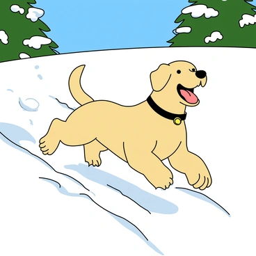 A happy yellow Labrador with its ears flopping and tongue out, running joyfully through deep, white snow. The dog's fur is slightly glistening in the sunlight. The snow is fluffy and untouched except for the trail of paw prints the Labrador is leaving behind. In the background, there are snow-covered trees and a bright blue sky. The dog's tail is wagging energetically, showing its excitement as it bounds through the snow.