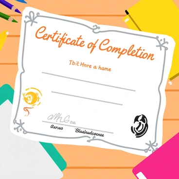 A certificate of completion displayed prominently on a wooden desk. The certificate features a decorative border with intricate designs. It has the words "Certificate of Completion" written in elegant, bold lettering at the top. Below, there is space for the recipient's name, which is written in a graceful script. In one corner, there is a logo representing the online illustration course, and in another corner, there is a signature in dark ink. The background includes a few art supplies, such as colored pencils and sketchbooks, enhancing the context of the illustration course.