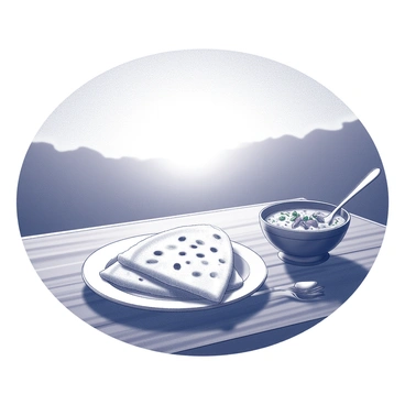 A serene scene of naan and curry on a table as the sun sets in the background.
